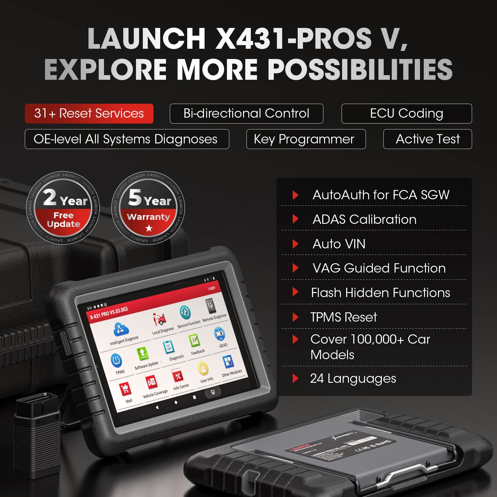 Launch X431 PROS V+ Diagnostic Scanner with CANFD, ECU Coding Car Scanner,  AutoAuth for FCA SGW, Key Programmer,37 Plus Reset with Bidirectional Scan