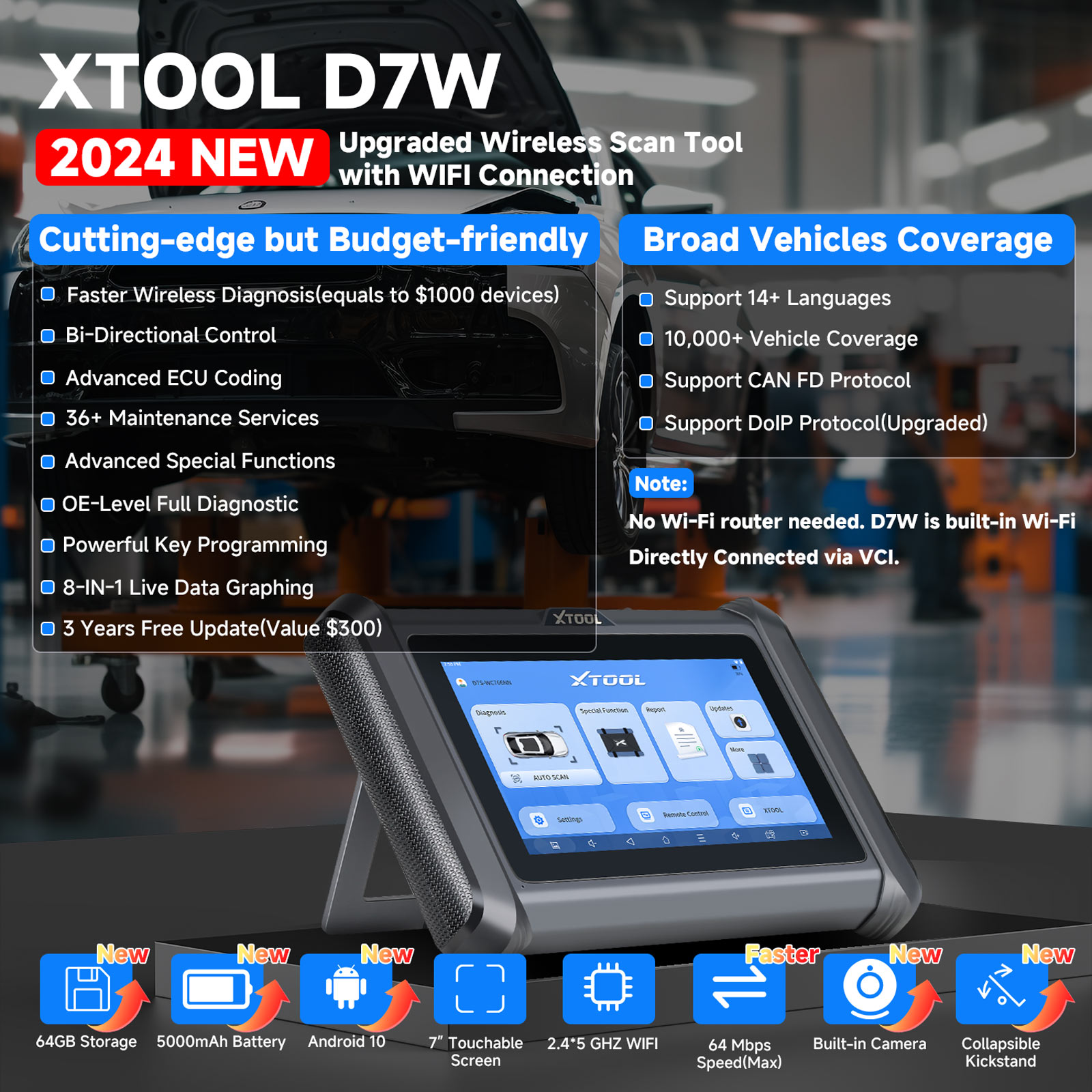 XTOOL D7S Automotive Diagnostic Tool with 3-Year Updates, 2024 Newest, DoIP  & CAN FD, ECU Coding, 36+ Services, Bidirectional Scanner for car, Key